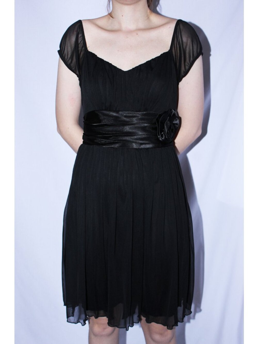 NWOT Juliet #2166 Short Chiffon & Satin Party Dress-Size M-BLACK